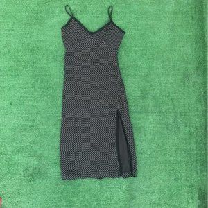 Honey Punch Black & White Polka Dot Midi Dress with Lace Details & Thigh Slit